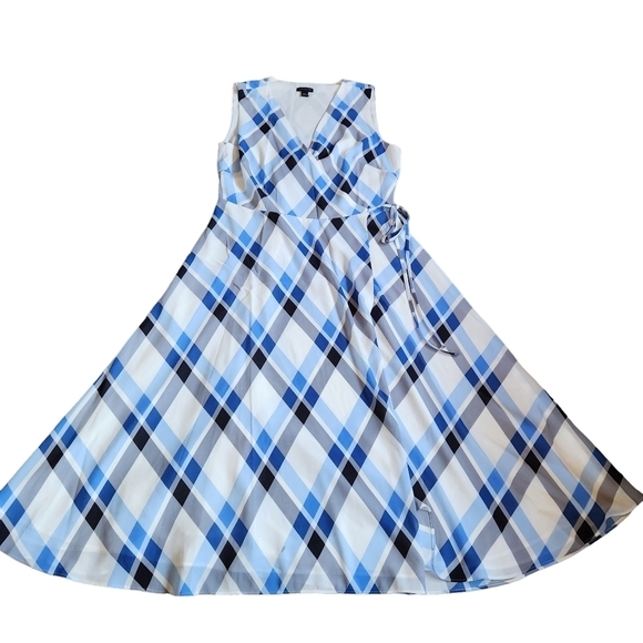 Ann Taylor size 4 blue white plaid midi wrap dress preppy festival ethereal - Picture 1 of 10